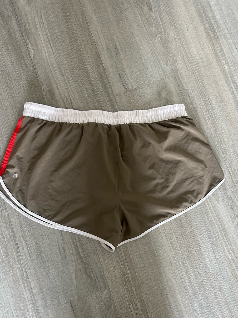 Athleta Olive Green Running Shorts with White Trim and Coral Drawstring - Picture 4 of 6